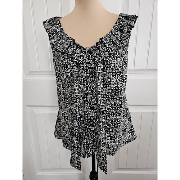 Banana Republic L Black/White Button Down Sleeveless  Ruffled Top With Bow - Picture 2 of 8
